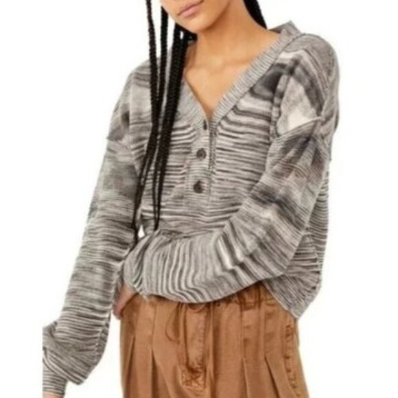 Free People Mercury Marble Ribbed Button Henley Boho Sweater - Good Cond - XL - Picture 1 of 12